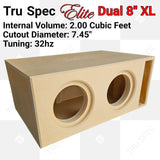 TRU SPEC Elite dual 8-inch XL enclosure graphic: 2.00 cubic feet, 7.45-inch cutouts and 32 Hz tuning