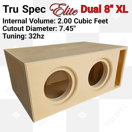 TRU SPEC Elite dual 8-inch XL enclosure graphic: 2.00 cubic feet, 7.45-inch cutouts and 32 Hz tuning