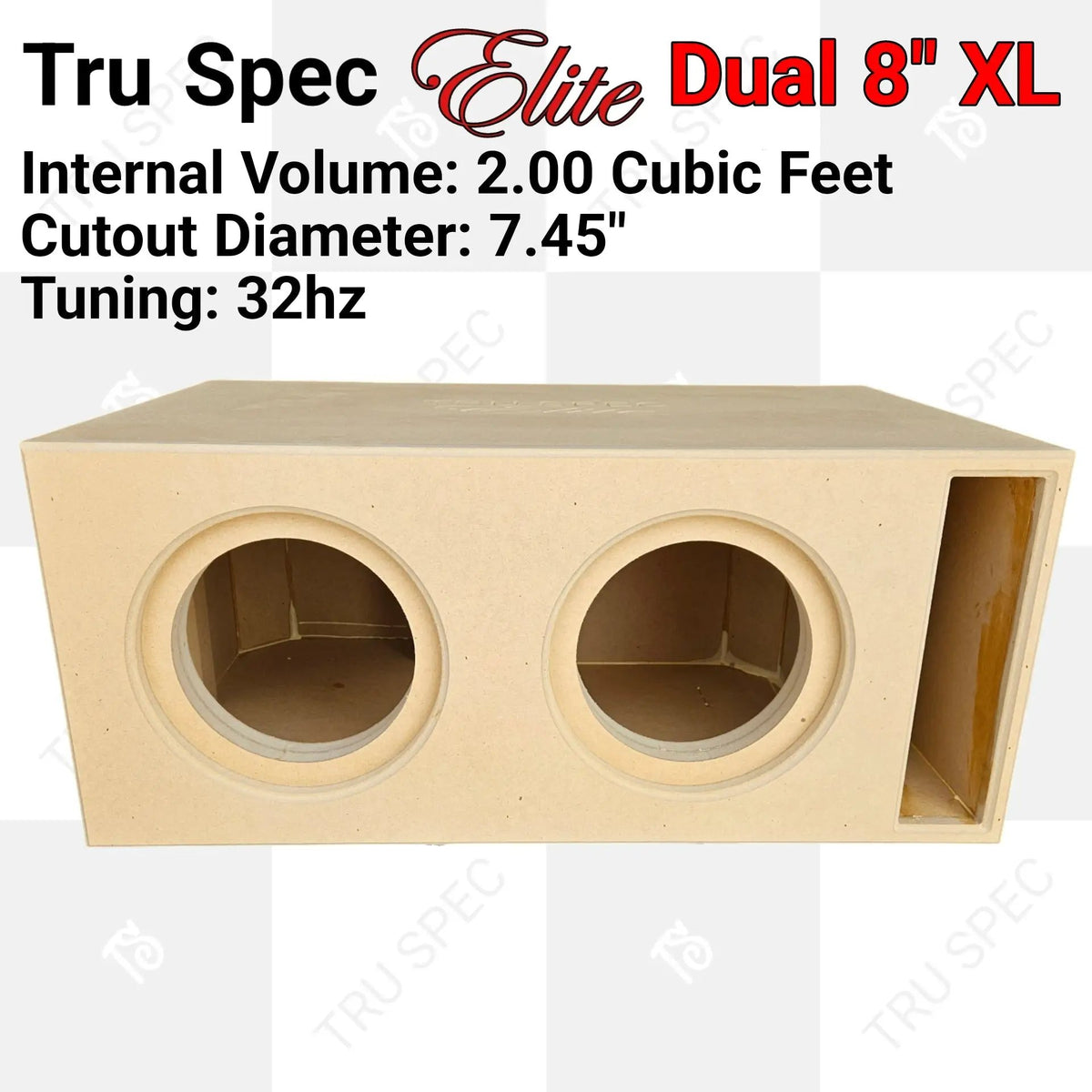 TRU SPEC Elite dual-8-inch XL enclosure graphic listing 2.00 cubic feet, 7.45-inch cutouts and 32 Hz tuning