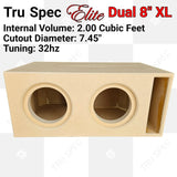 TRU SPEC Elite dual-8-inch XL enclosure graphic listing 2.00 cubic feet, 7.45-inch cutouts and 32 Hz tuning