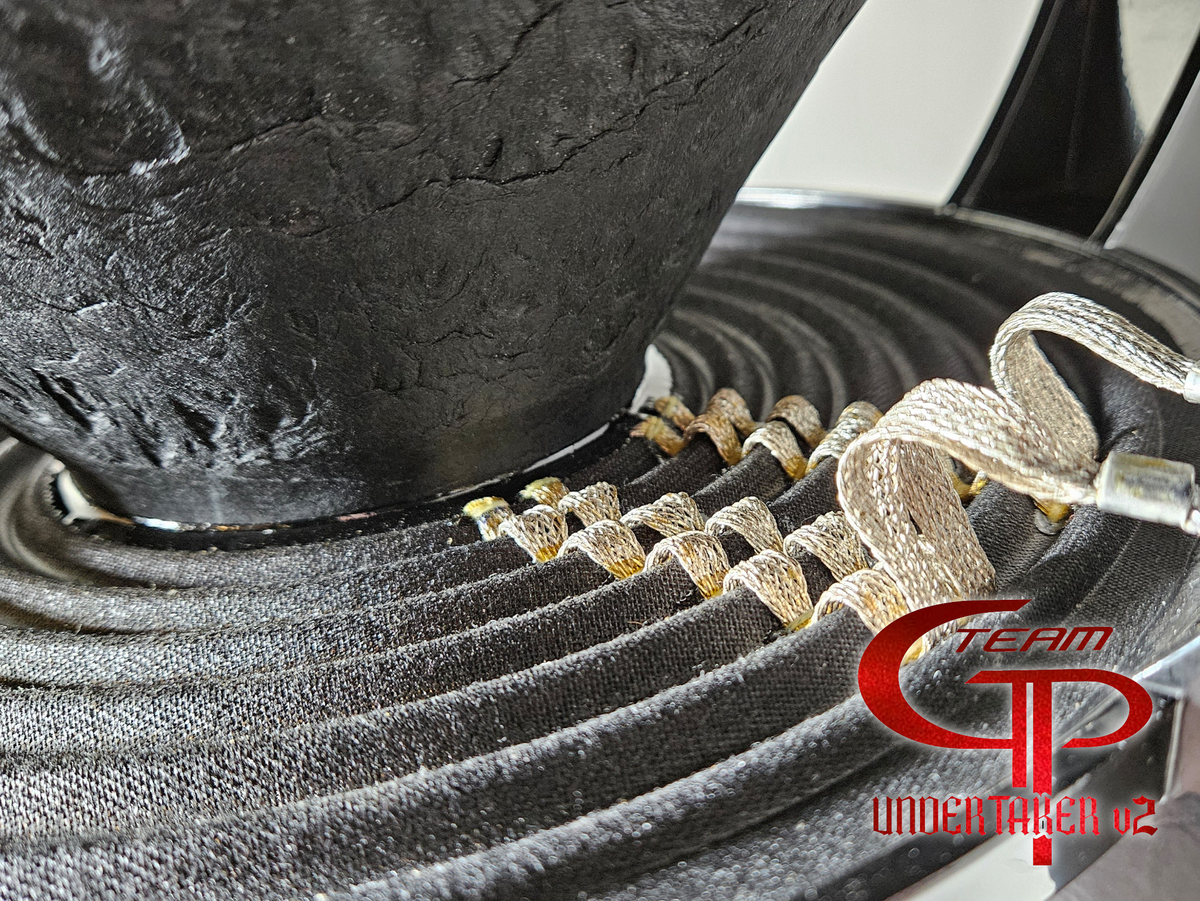 Close-up of the Team GP Undertaker v2 subwoofer suspension showing the corrugated spider, braided leads and cone attachment