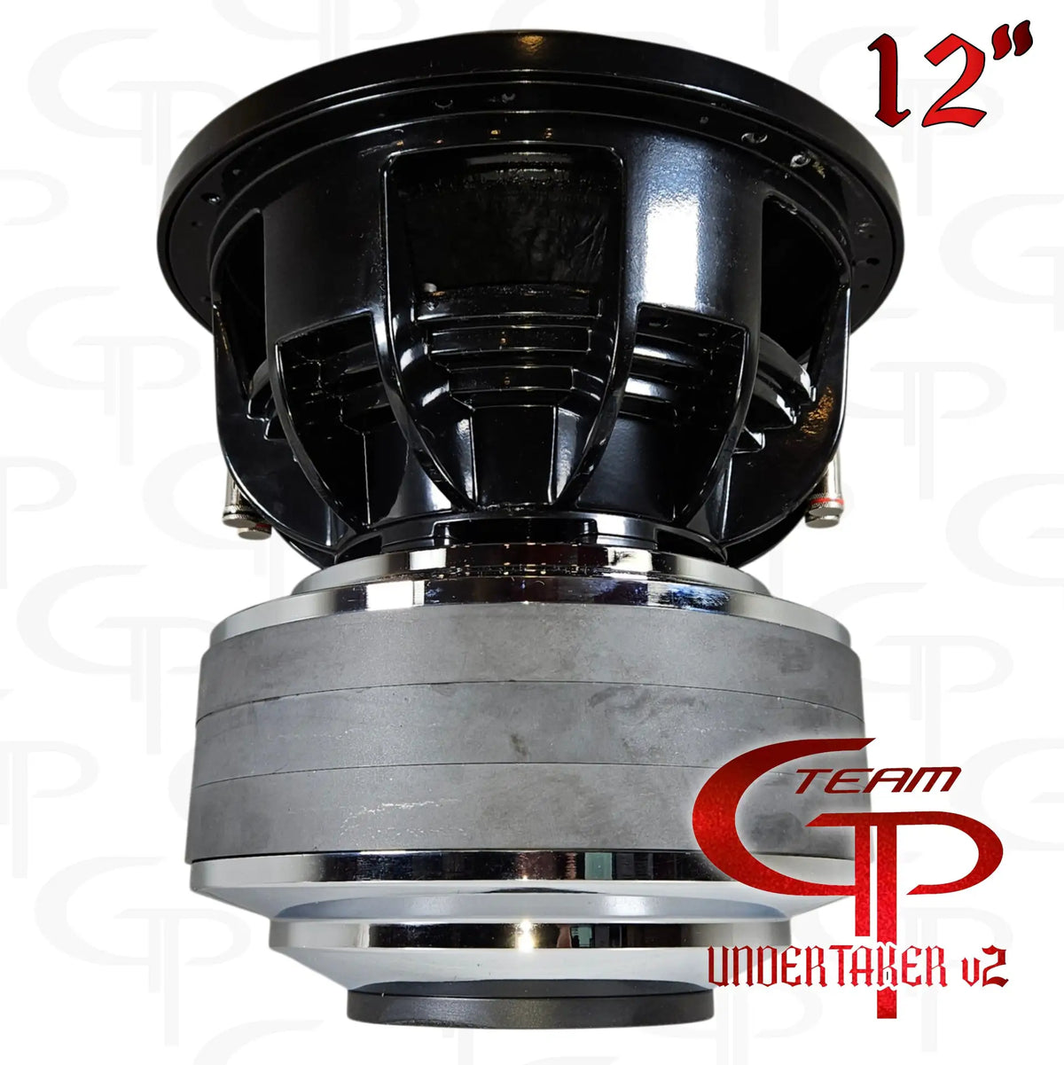 Team GP Undertaker v2 12-inch subwoofer side view showing its basket and large magnet assembly