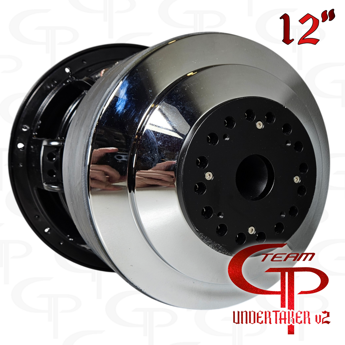 Team GP Undertaker v2 12-inch subwoofer close-up of the polished rear plate and vent openings