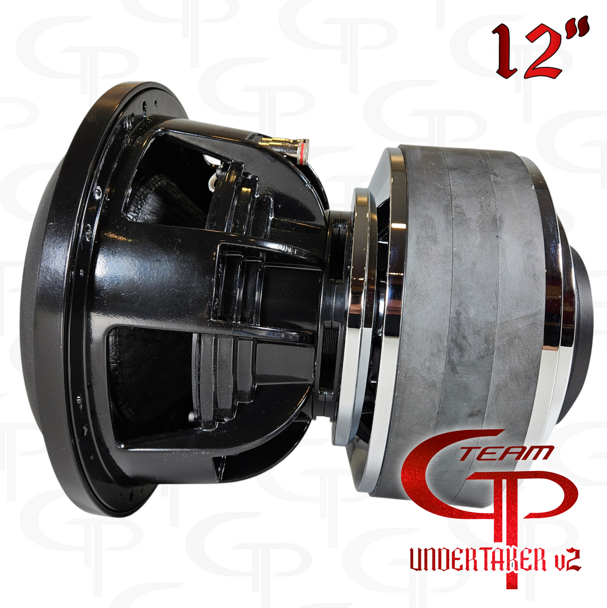 Team GP Undertaker v2 12-inch subwoofer side view showing the speaker terminals and magnet assembly