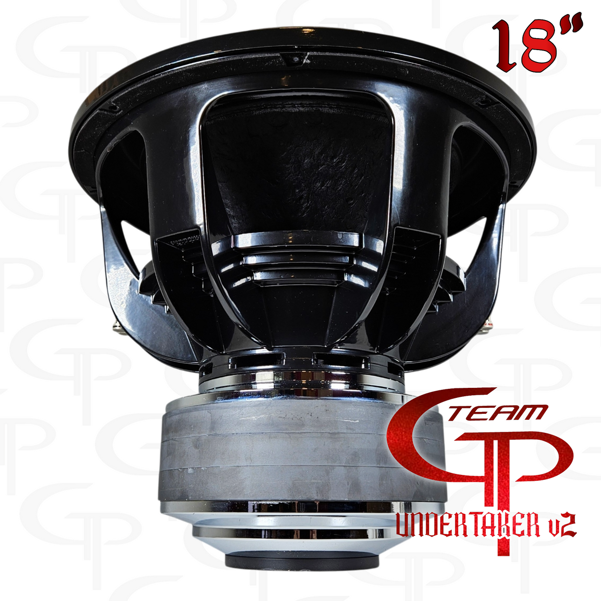 Rear view of a Team GP Undertaker v2 subwoofer in a graphic labeled 18 inches