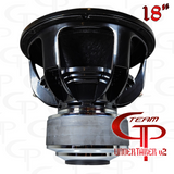 Rear view of a Team GP Undertaker v2 subwoofer in a graphic labeled 18 inches