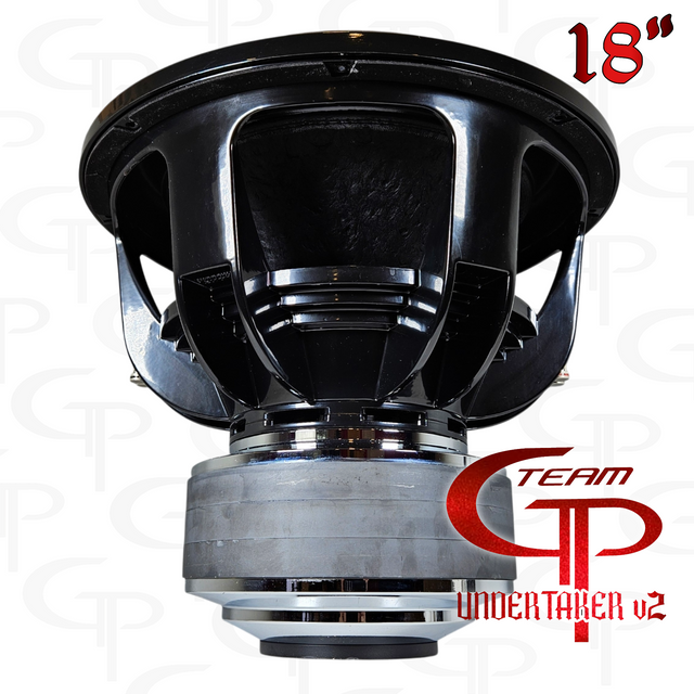 Rear view of a Team GP Undertaker v2 subwoofer in a graphic labeled 18 inches