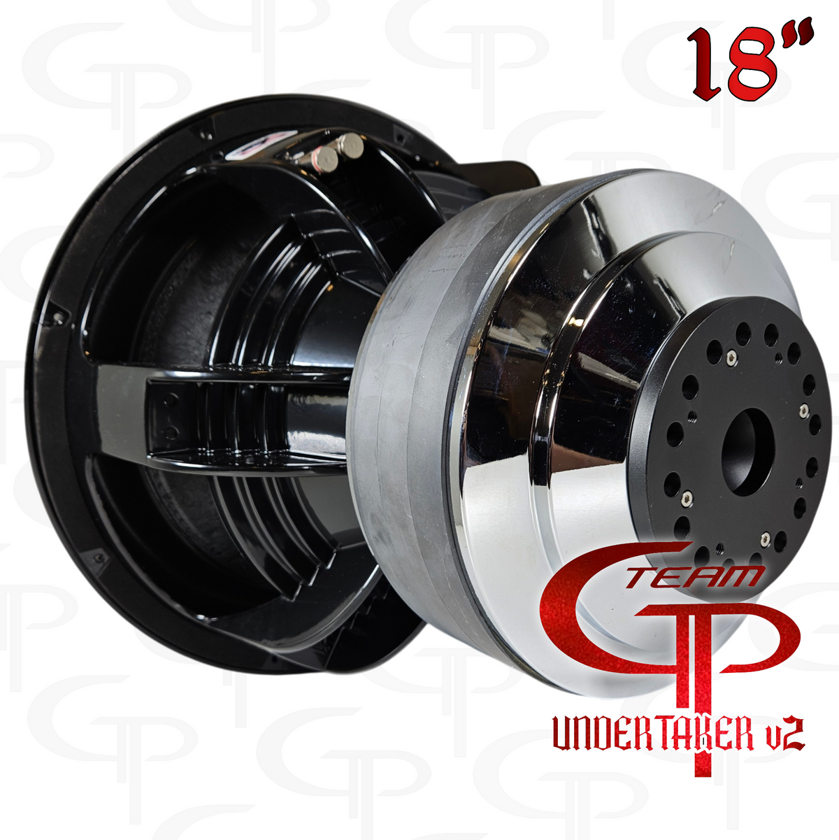 Rear angle of the Team GP Undertaker v2 18-inch subwoofer showing its basket and vented motor