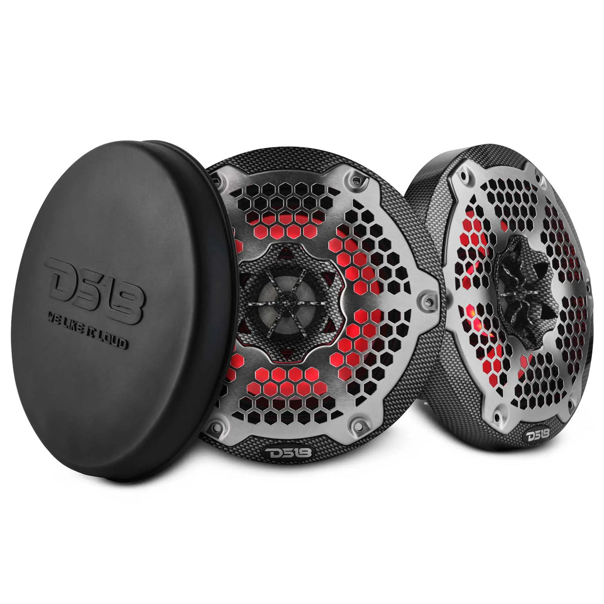 Two carbon-fiber-patterned DS18 speakers with silver honeycomb grilles and red lighting beside a protective cover