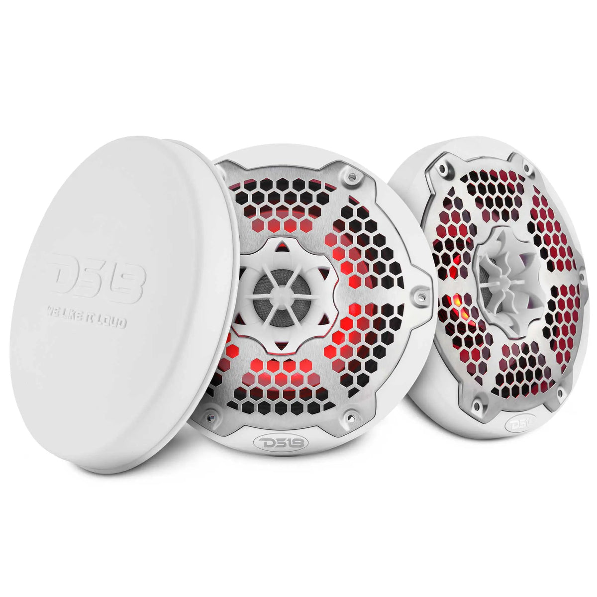 Two white DS18 speakers with silver honeycomb grilles and red lighting beside a white protective cover