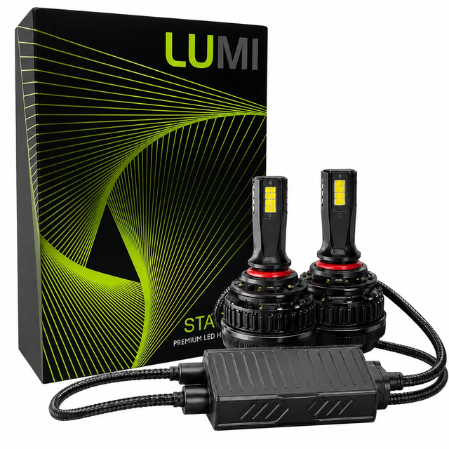 Two LUMI Stage 3 9005 LED headlight bulbs with attached cables are displayed next to a black and green Lumi-branded box featuring abstract lines. Featuring advanced CSP chips, these 6000K LED headlights provide bright and efficient illumination.