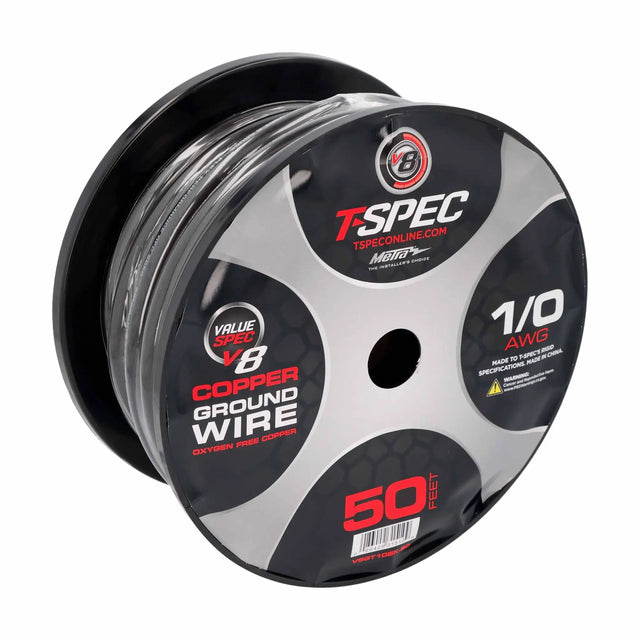 Black T-Spec V8 wire spool labeled 1/0 AWG, oxygen-free copper ground wire and 50 feet