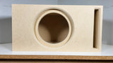 Unfinished wooden subwoofer enclosure with one recessed circular opening and a side slot port