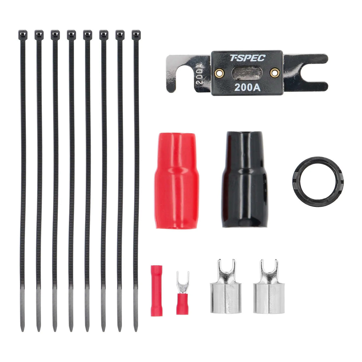 T-Spec accessories with a 200A fuse, cable ties, insulated covers, grommet and terminals