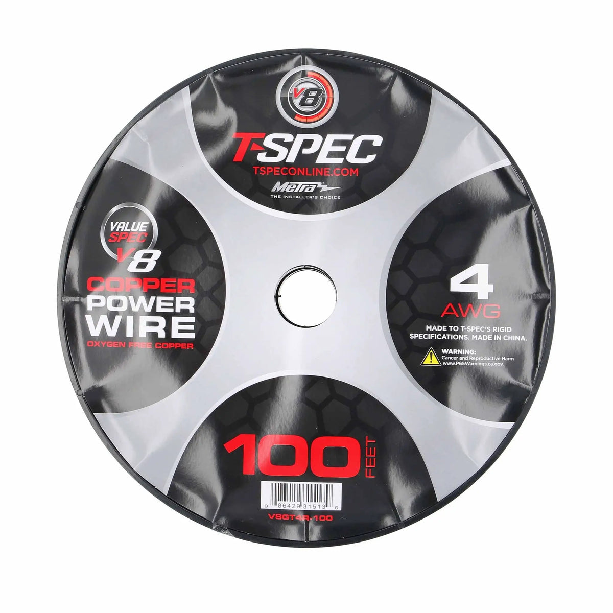 T-Spec copper power-wire spool label marked 4 AWG and 100 feet