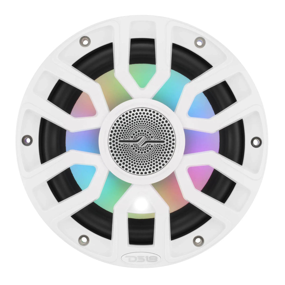 White DS18 speaker with multicolored illumination, front view