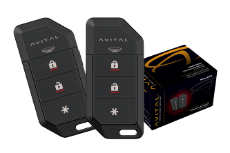 Two black Avital remotes with lock, unlock and star buttons beside retail packaging