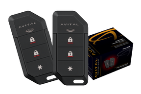 Two black Avital remotes with lock, unlock and star buttons beside retail packaging