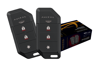 Two black Avital remotes with lock, unlock and star buttons beside retail packaging