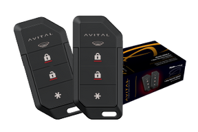 Two black Avital remotes with lock, unlock and star buttons beside retail packaging