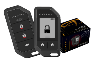 Avital display remote and button remote beside branded alarm-system packaging