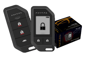 Avital display remote and button remote beside branded alarm-system packaging