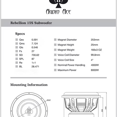 Audio Ace Audio Ace Rebellion Series 15" Subwoofer Dual 1 Ohm - Car Audio