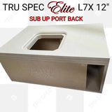 TRU SPEC Elite L7X 12-inch enclosure graphic showing a top speaker opening and rear port, labeled Sub Up Port Back
