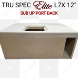 TRU SPEC Elite L7X 12-inch enclosure graphic showing the square top cutout and rear port from a lower angle