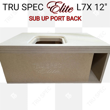 TRU SPEC Elite L7X 12-inch enclosure graphic showing the square top cutout and rear port from a lower angle