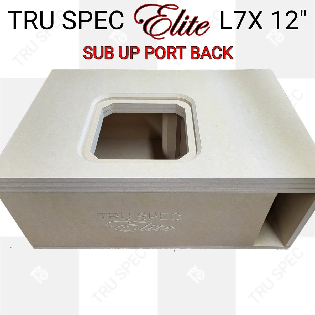 TRU SPEC Elite L7X 12-inch enclosure graphic showing the square top cutout and rear port from above