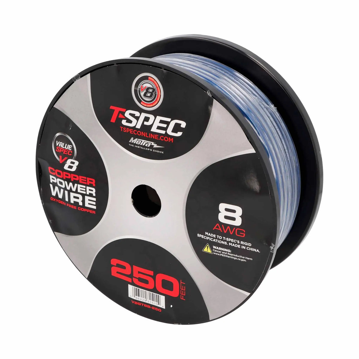T-Spec V8GT8B-250 8 AWG OFC Power Wire - Blue - 250 ft Spool