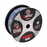 Blue T-Spec V8 wire spool labeled 8 AWG, oxygen-free copper power wire and 250 feet
