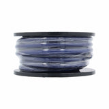 Side view of blue cable wound on a black spool and covered with clear wrapping