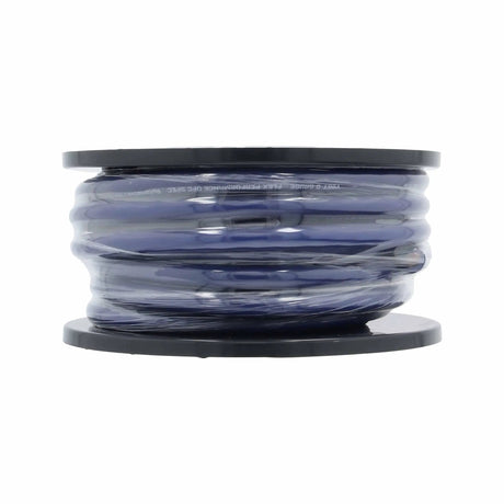 Side view of blue cable wound on a black spool and covered with clear wrapping