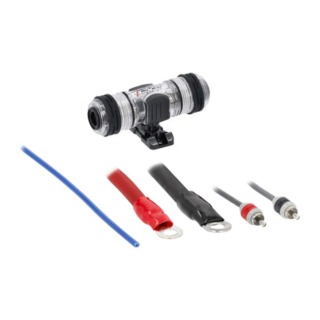 T-Spec amplifier-wiring kit detail showing the inline fuse holder, red and black ring terminals, RCA plugs and blue remote wire