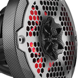 Close-up of a carbon-pattern speaker frame, silver honeycomb grille and red illumination