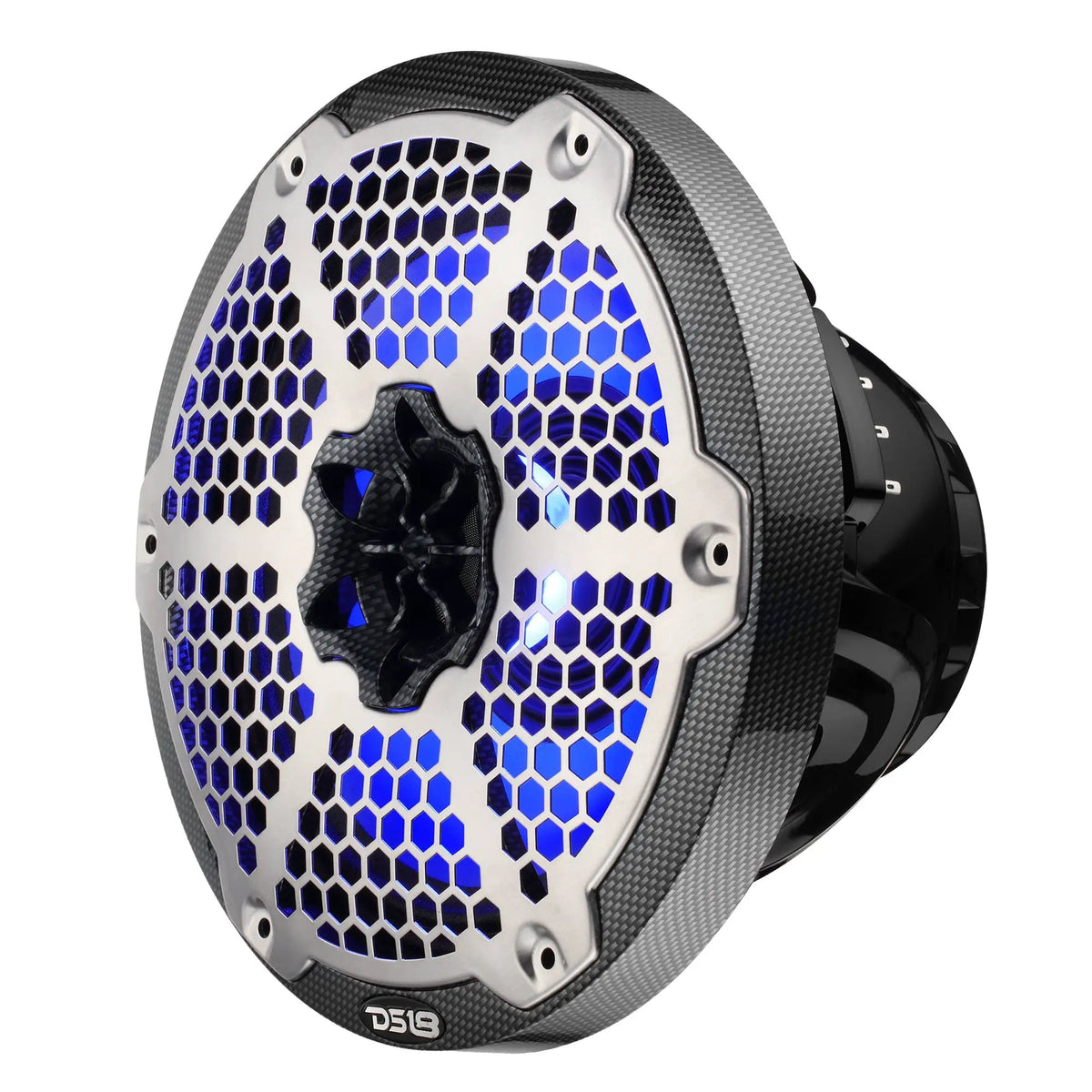 Angled front view of a carbon-fiber-patterned DS18 speaker with a silver honeycomb grille and blue lighting