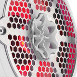 Close-up of a white DS18 speaker's central tweeter and honeycomb grille with red illumination