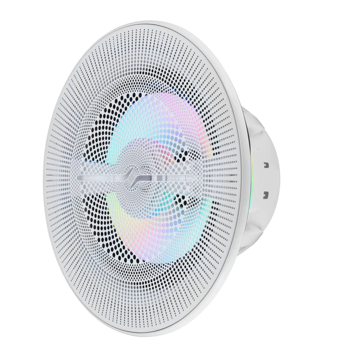 White DS18 speaker with a mesh grille and multicolored illumination, angled view