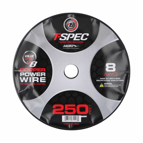 T-Spec V8GT8R-250 spool label identifying 8 AWG oxygen-free copper power wire and a 250-foot length