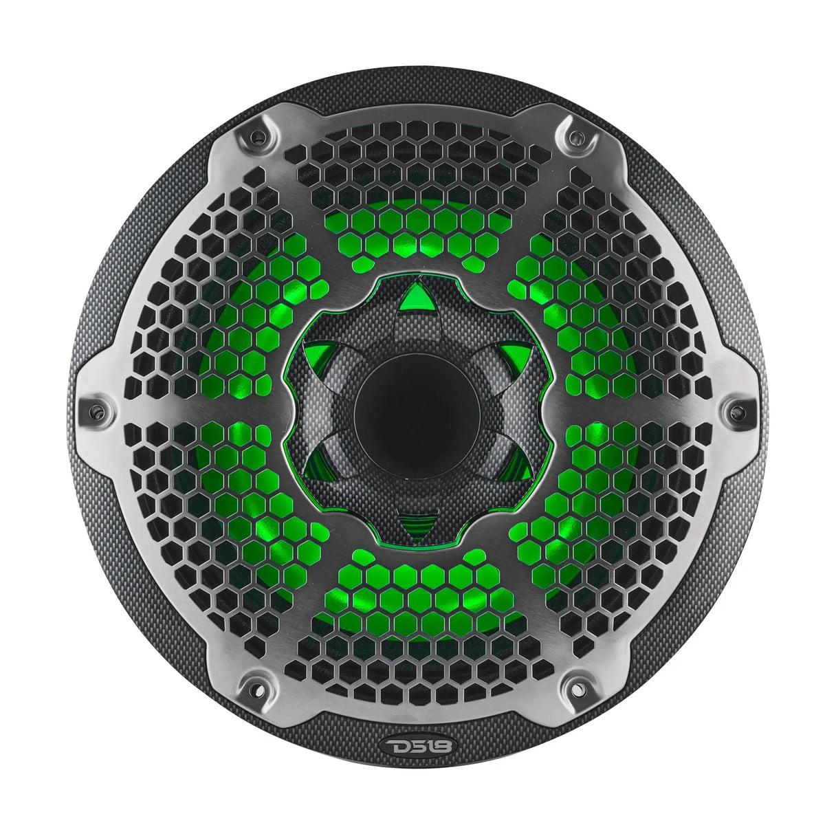 Front view of a carbon-fiber-patterned DS18 speaker with a silver honeycomb grille and green lighting