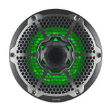 Front view of a carbon-fiber-patterned DS18 speaker with a silver honeycomb grille and green lighting