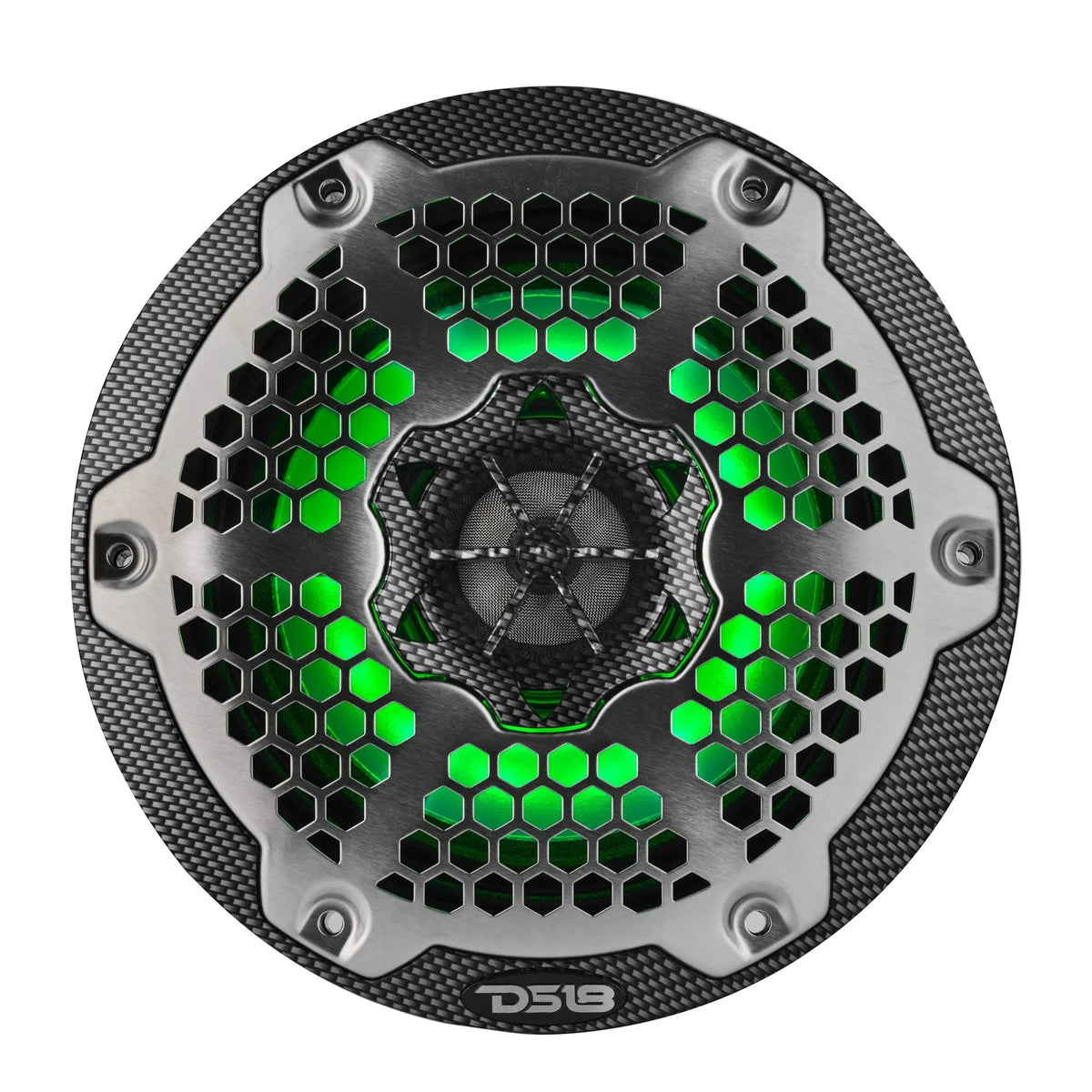 Front view of a carbon-fiber-patterned DS18 speaker with a silver honeycomb grille and green lighting