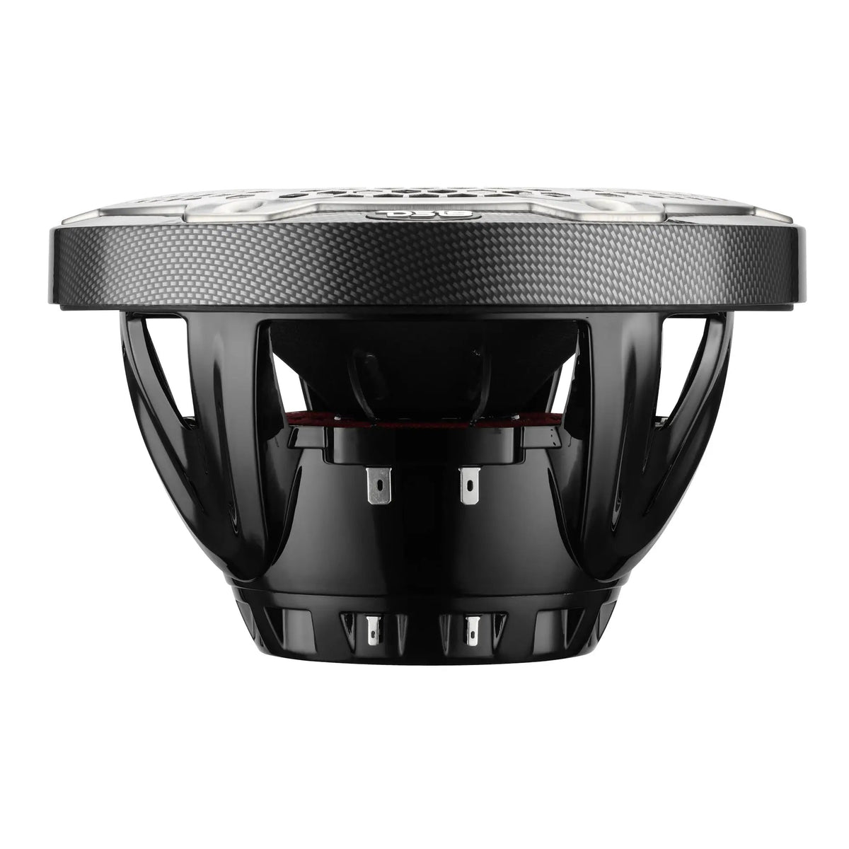 Speaker with a patterned black rim and open basket, side view