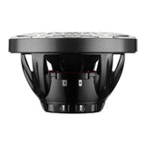 Speaker with a patterned black rim and open basket, side view