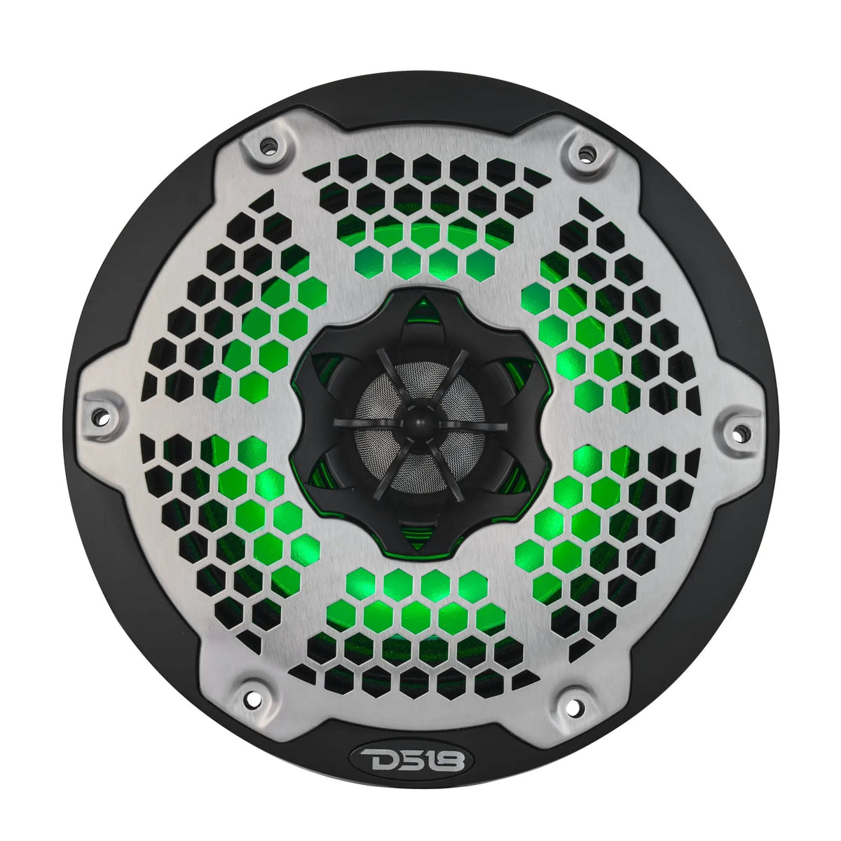 Front view of a black DS18 speaker with a silver honeycomb grille and green lighting