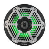 Front view of a black DS18 speaker with a silver honeycomb grille and green lighting
