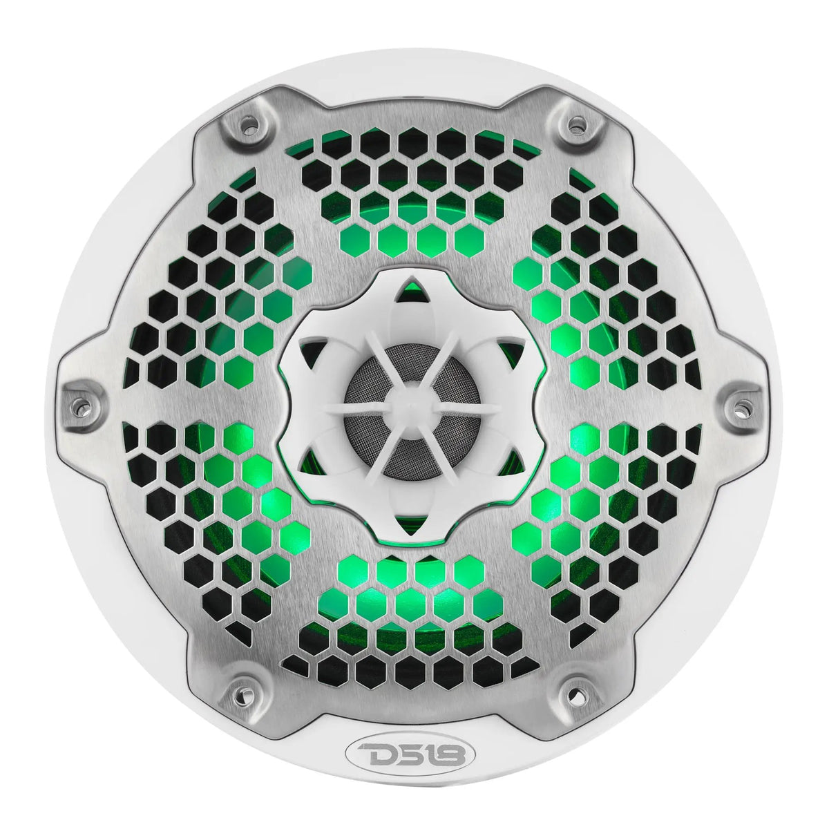 Front view of a white DS18 speaker with a silver honeycomb grille and green lighting