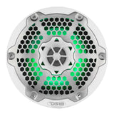 Front view of a white DS18 speaker with a silver honeycomb grille and green lighting